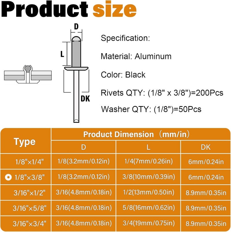 JTAREA 250pcs 1/8" x 3/8" Black Aluminum Pop Rivets with Stainless Steel Washers 3.2 x 10mm Blind Rivet Assortment Kit - Image 2